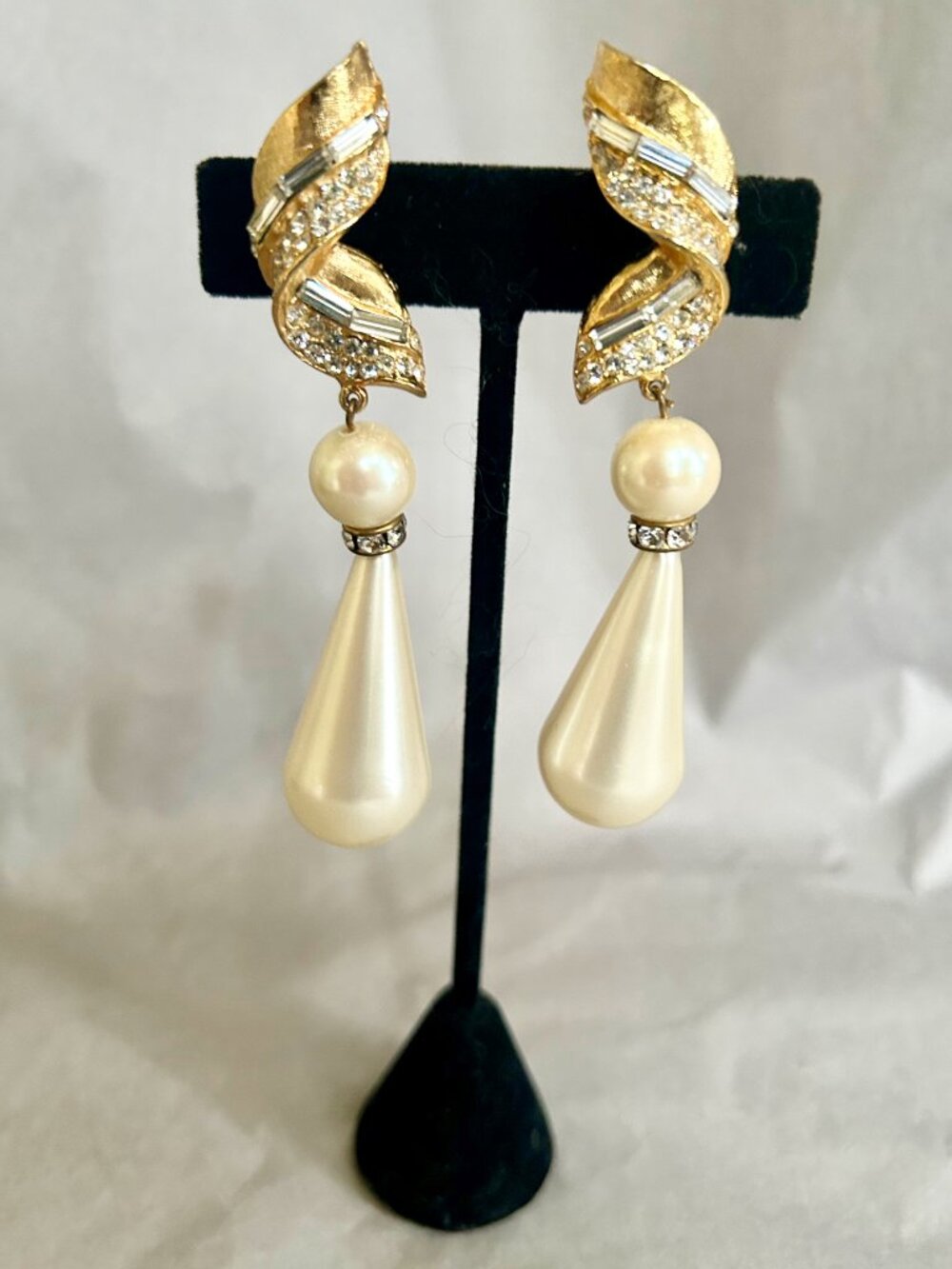 Large Rhinestone Pearl Drop Earrings Vintage Clip Runway Statement Earrings